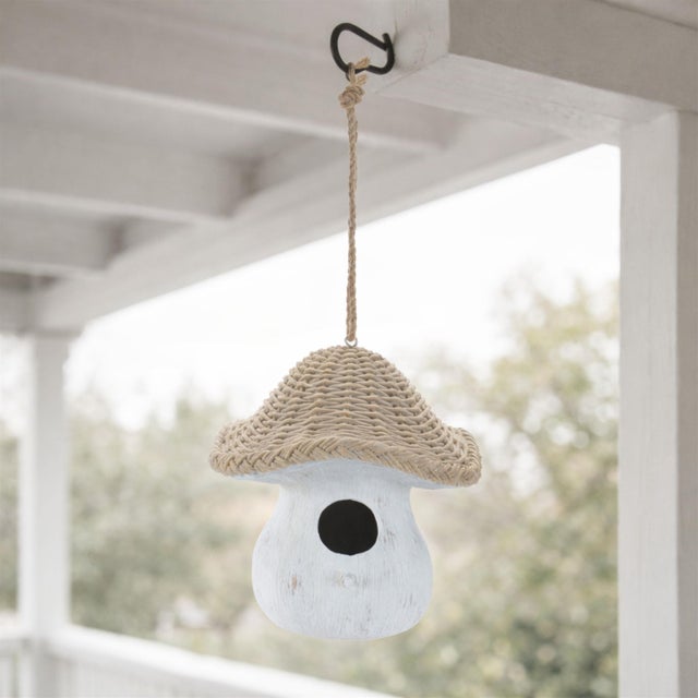 Modern Mushroom Birdhouse with Wicker Design 8"H For Sale - Image 3 of 3
