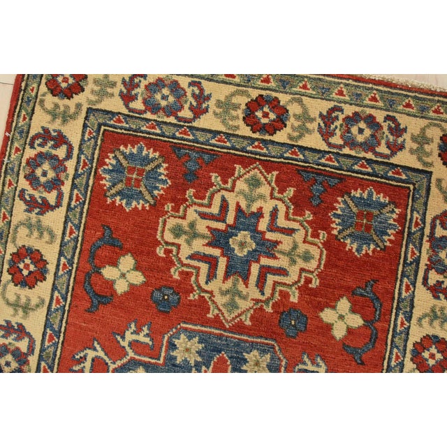 Kazak Rug 2’8” X 4’2” Blue Wool Tribal Hand-Knotted Oriental Carpet For Sale In Philadelphia - Image 6 of 10