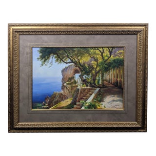 Late 20th Century Large Blue & Green “A Loggia at Amalfi” Landscape After C. F. Aagaard in Ornate Gold Frame For Sale