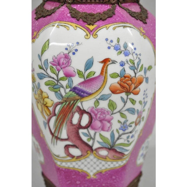 Chinoiserie Antique Chinoiserie Pink French Porcelain German Ormulu Bird Painted Vase For Sale - Image 3 of 11
