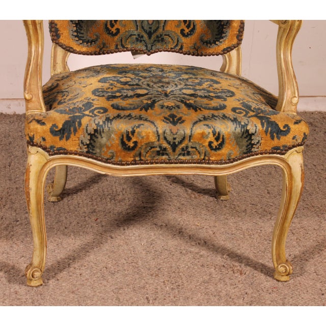 19th Century Louis XV Carved and Painted Armchair For Sale - Image 5 of 12