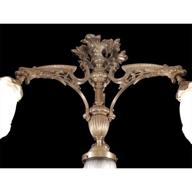 19th Century French Medieval Gothic Revival Bronze Four-Light Chandelier with Frosted Glass with Gryphons Gargoyles Dragons, 1890s For Sale - Image 10 of 13
