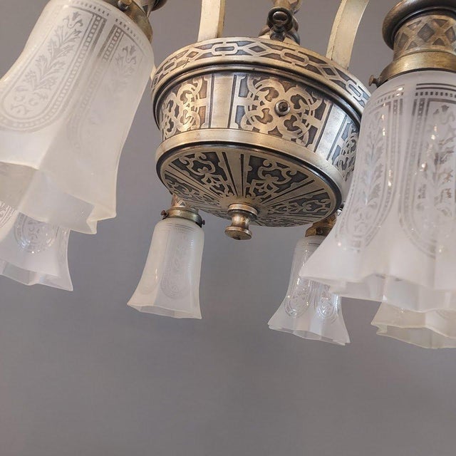 This rare antique 5-light chandelier captures the essence of Arts & Crafts and Eastlake design, featuring an ornate...