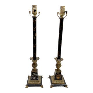 Vintage French Tole and Brass Candlestick Lamps With Pineapple Motif- A Pair For Sale