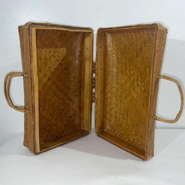 Camel Mid-Century Boho Chic Bamboo Suitcase Style Storage Basket For Sale - Image 8 of 9