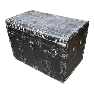 19th Century Wood and Metal Steamer Trunk With Leather Edges