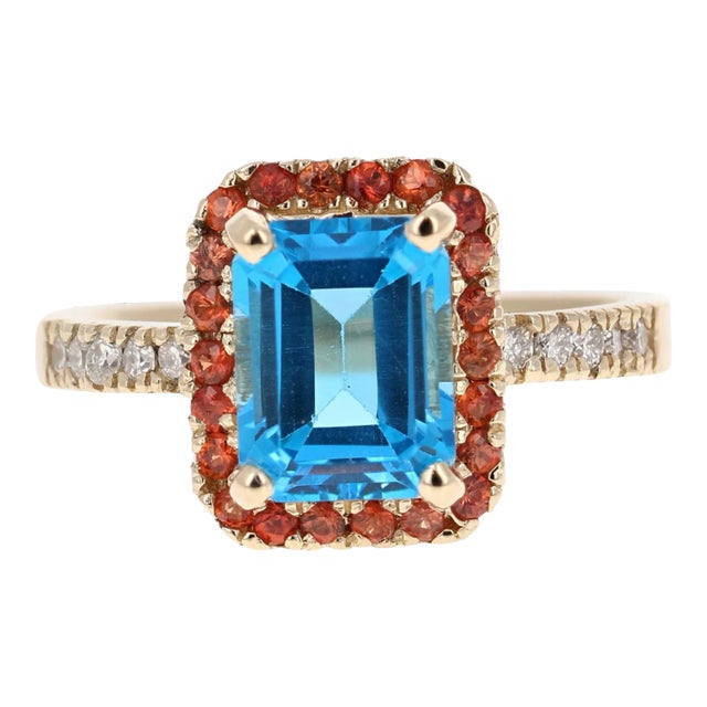 3.41 Carat Blue Topaz Sapphire Diamond Yellow Gold Engagement Ring Size 7 For Sale