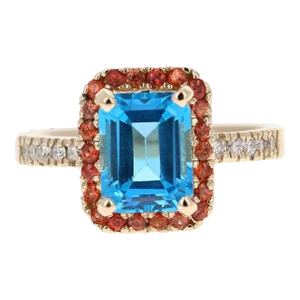 3.41 Carat Blue Topaz Sapphire Diamond Yellow Gold Engagement Ring Size 7