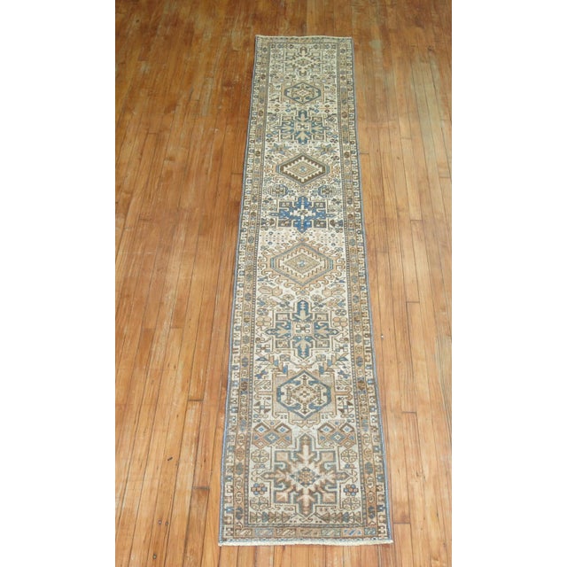 Late 20th Century Narrow Rustic Persian Heriz Runner Ivory Brown Blue Tones For Sale In New York - Image 6 of 6