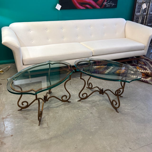 Metal Gilt Metal and Custom 3/4 Inch Notched Glass Side/ Cocktail Tables a Pair For Sale - Image 7 of 10