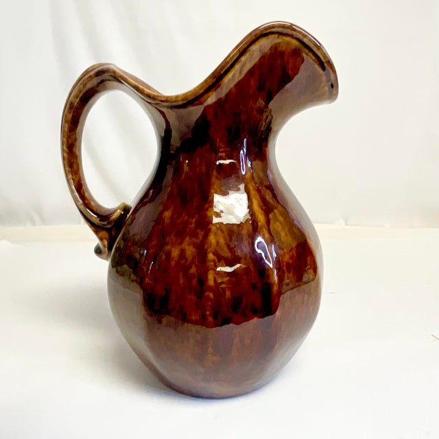 1960s 1960s Vintage Boho Arts & Crafts Majolica Brown Glaze Pitcher, Large Size For Sale - Image 5 of 12