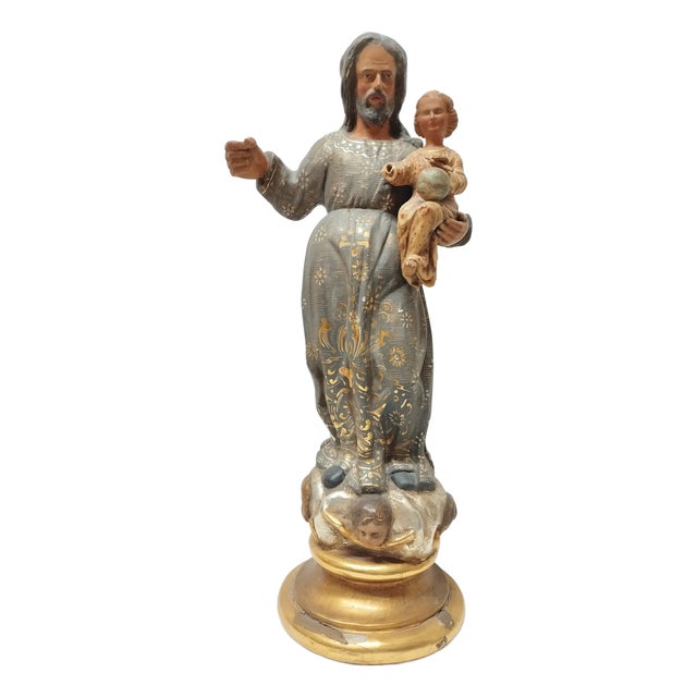 Carving of Saint Joseph with Jesus, 17th Century, Stucco For Sale