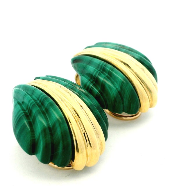 1970s Vintage 1970s 18k Gold Carved Malachite Sculptural Clip-on Earrings, Pair For Sale - Image 5 of 15