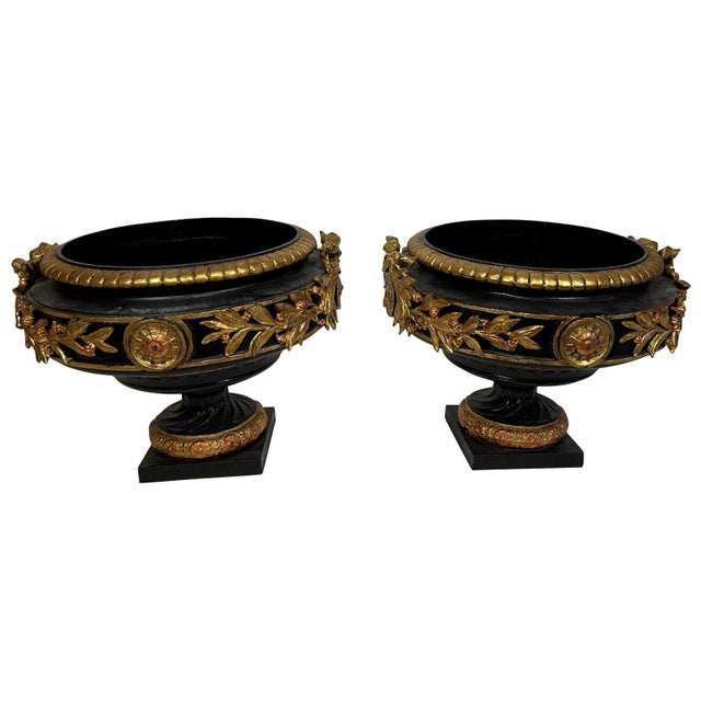 Neoclassical Black and Gilt Cast Iron Planters - A Pair For Sale - Image 12 of 12