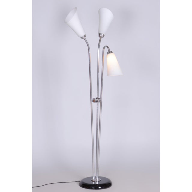 Czech Art Deco Floor Lamp in Chrome, Opal Glass and Lacquered Wood, 1930s For Sale - Image 4 of 15