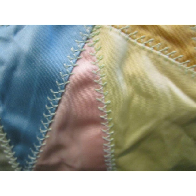 Blue Vintage 60's Satin Crazy Quilt 15 Blocks Hand Tied Long Twin Percale Back Guc For Sale - Image 8 of 11
