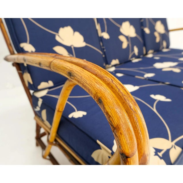 Ficks Reed Split Reed Wicker Rattan Bamboo 3 Seater Sofa Blue & White Cushions For Sale - Image 4 of 13