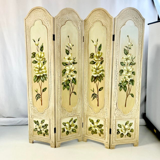Vintage Home is pleased to offer this stunning hand-painted Magnolia Screen Room Divider. These 4-panel wood screen has...