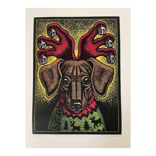 Xavier Miramontes Signed Dog Etching "The Christmas Special" Ev 2/30. Signed For Sale