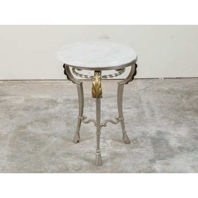 Italian Midcentury Steel Side Table with Circular White Marble Top and Hoof Feet For Sale In Atlanta - Image 6 of 10