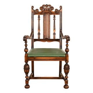 Berkey & Gay Antique English Jacobean Carved Walnut Armchair, Circa 1920s For Sale