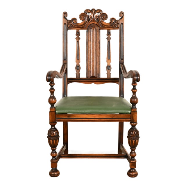 Berkey & Gay Antique English Jacobean Carved Walnut Armchair, Circa 1920s For Sale