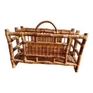 1980s Vintage Burnt Bamboo Magazine Holder For Sale