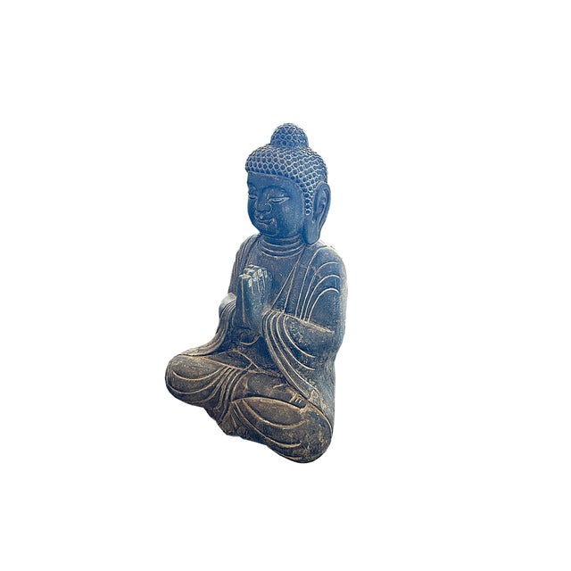 1990s 24" Distressed Black Brown Cross Legs Peaceful Hands Stone Buddha Statue For Sale - Image 5 of 13