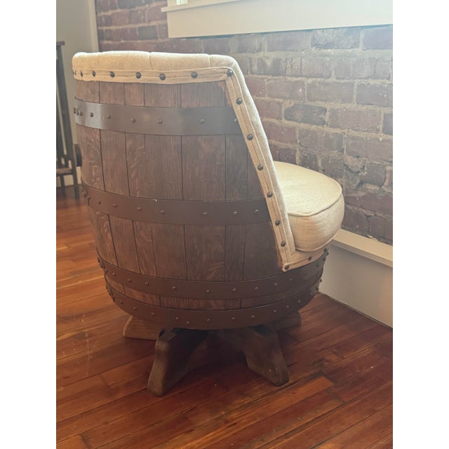 Rustic Swivel Barrel Accent Chair | Tufted Upholstery | Wine Barrel Style For Sale In Charlotte - Image 6 of 8