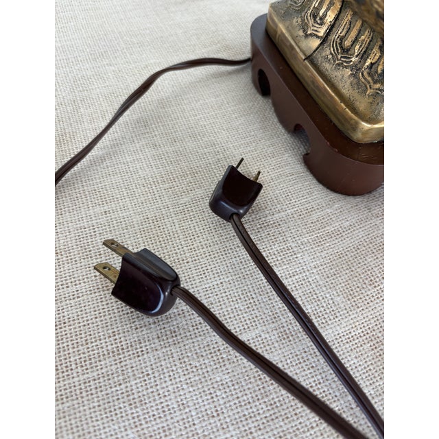 Vintage Pair Asian Archaic Brass Urn Lamps James Mont Style With Linen Shades For Sale - Image 15 of 15