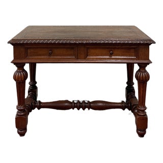 Antique French Henri II Style Writing Desk Table Drawers Oak C. 1930s For Sale