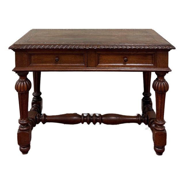 Antique French Henri II Style Writing Desk Table Drawers Oak C. 1930s For Sale