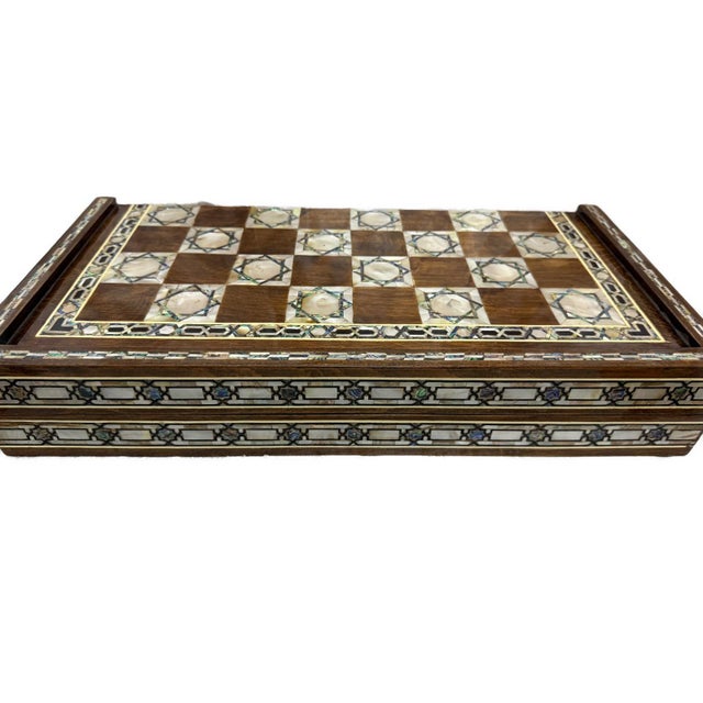 Handmade Mother of Pearl Backgammon & Chess Board 21” Wooden Game Set For Sale - Image 10 of 11