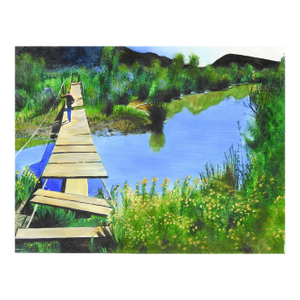 Late 20th Century Old Foot Bridge River Crossing Painting