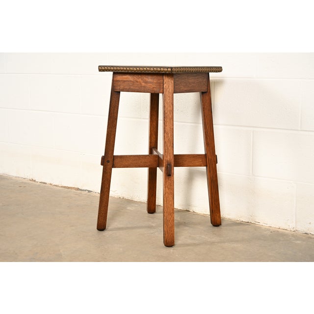Stickley Brothers Stickley Brothers Antique Mission Oak Arts & Crafts Leather Top Tabouret Side Table, Circa 1910 For Sale - Image 4 of 10