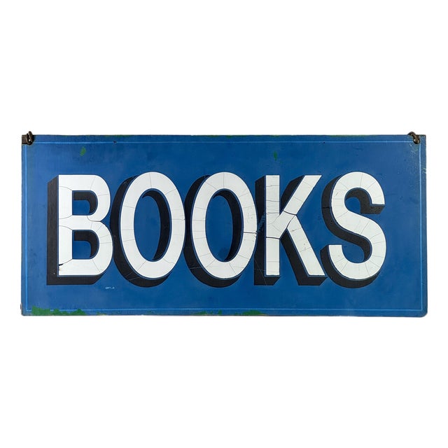Superb Large Double Sided Vintage Wooden Sign Advertising "Books" in Sapphire Blue For Sale
