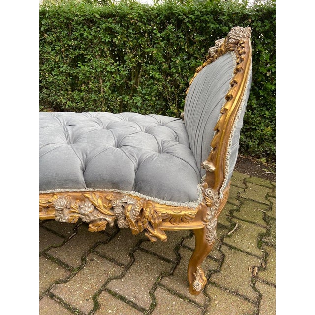 Late 20c French Louis XVI Gray Velvet Gold Settee 1 Pc For Sale - Image 4 of 13