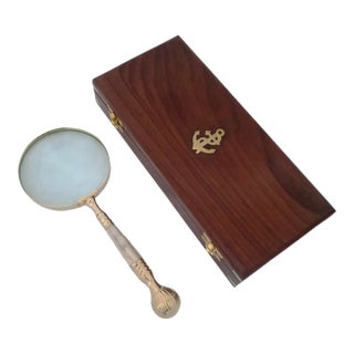 Mid-Century Brass Magnifying Glass With Mother of Pearl Inlay in Wooden Box For Sale