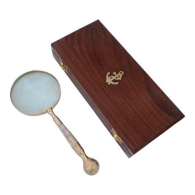 Mid-Century Brass Magnifying Glass With Mother of Pearl Inlay in Wooden Box For Sale