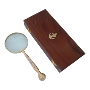 Vintage Mid 20th Century Brass Magnifying Glass With Mother of Pearl Inlay in Wooden Box