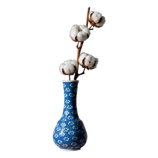 Handmade Ceramic Bud Vase (25cm) Deep Cobalt Blue with Floating Cloud Motifs – Elegant Bottle Neck Art Decor For Sale