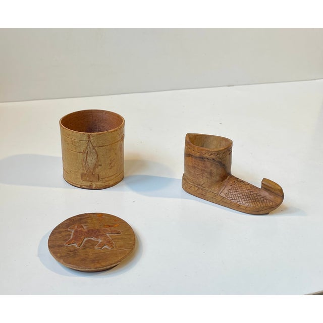 Folk Art Birch Bark Canister and Wooden Boot, 1930s, Set of 2 For Sale - Image 3 of 13