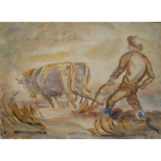 1940s Watercolor Painting Farm Landscape Wpa Style For Sale