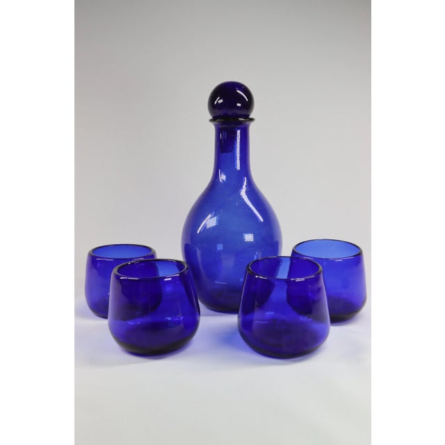 Blue Vintage Hand-Blown Cobalt Blue Decanter & Low Ball Glasses Set- 5 Pieces For Sale - Image 8 of 8
