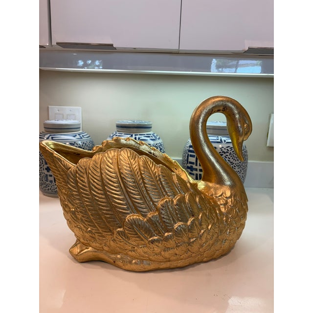 Large Hand Gilded Ceramic Swan Centerpiece Bowl Cachepot in Distressed Gold Leaf Finish For Sale - Image 11 of 16