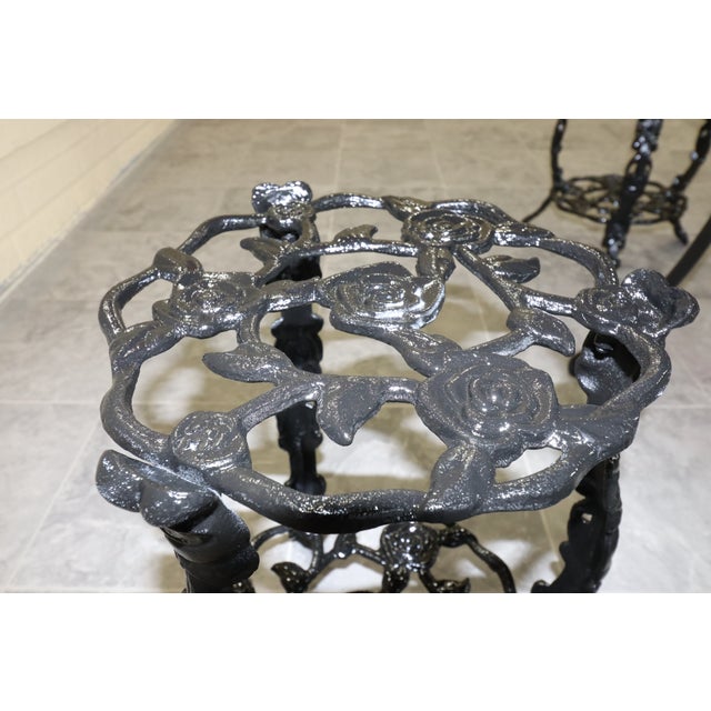 1950s Rose-Pattern Cast Iron and Aluminum Garden Bistro Set With Two Plant Stands, 5 Pieces For Sale - Image 16 of 16