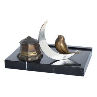 Art Deco Black Marble and Bronze Desk Tidy with Bird and Crescent Moon, 1930 For Sale