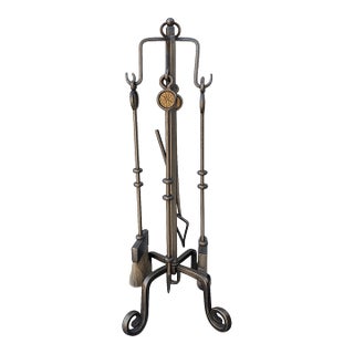 Hollywood Props House Pewter-Finish Fireplace Tool Set With Gilt Sunburst Accents For Sale