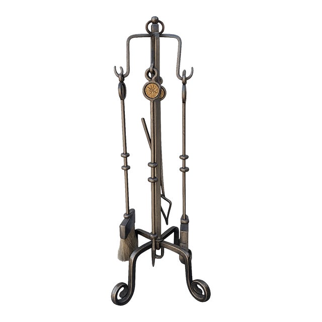 Hollywood Props House Pewter-Finish Fireplace Tool Set With Gilt Sunburst Accents For Sale