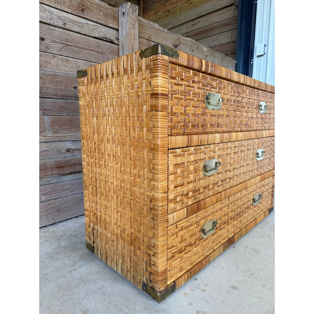 Late 20th Century Refinished Rattan Wrapped Campaign Chest Manner of Bielecky Brothers For Sale - Image 9 of 12